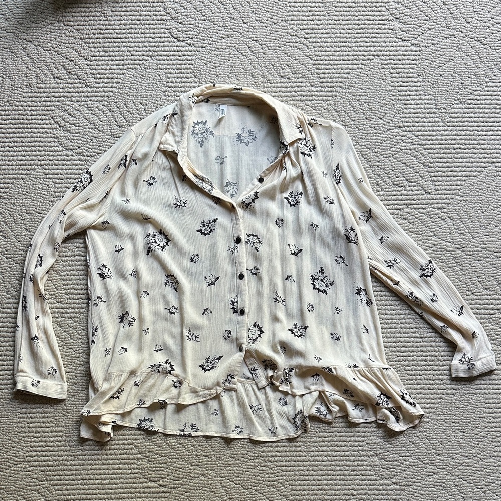 Free People Light Cream Floral Ruffle Button-Front Women's Top
